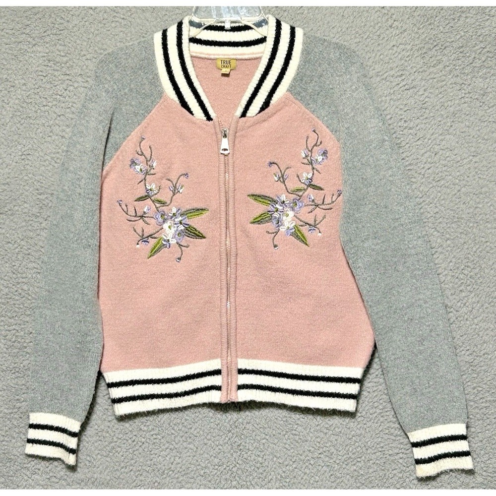 Pink Knit Zip-Up Cardigan Preppy Varsity Style Sweater Size Small Womens Prarie
